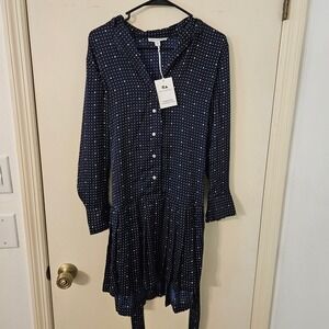 FREE ASSEMBLY Darkest Navy Polka Dot Pleated‎ Shirt Dress Size S